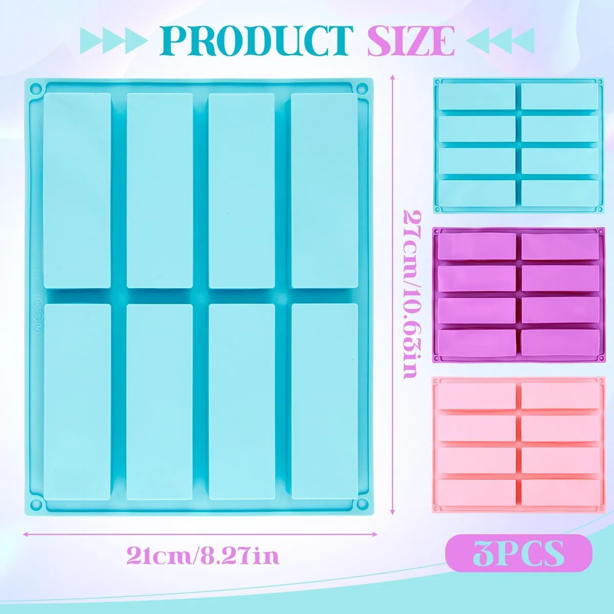 Rettangolari Antiaderente Energetich,Set di 3 Stampi Rettangolari in Silicone per Barrette di Cereali, 8 Cavità per Stampo, Antiaderente e Flessibile, Ideale per Dolci, Cioccolatini e Snack