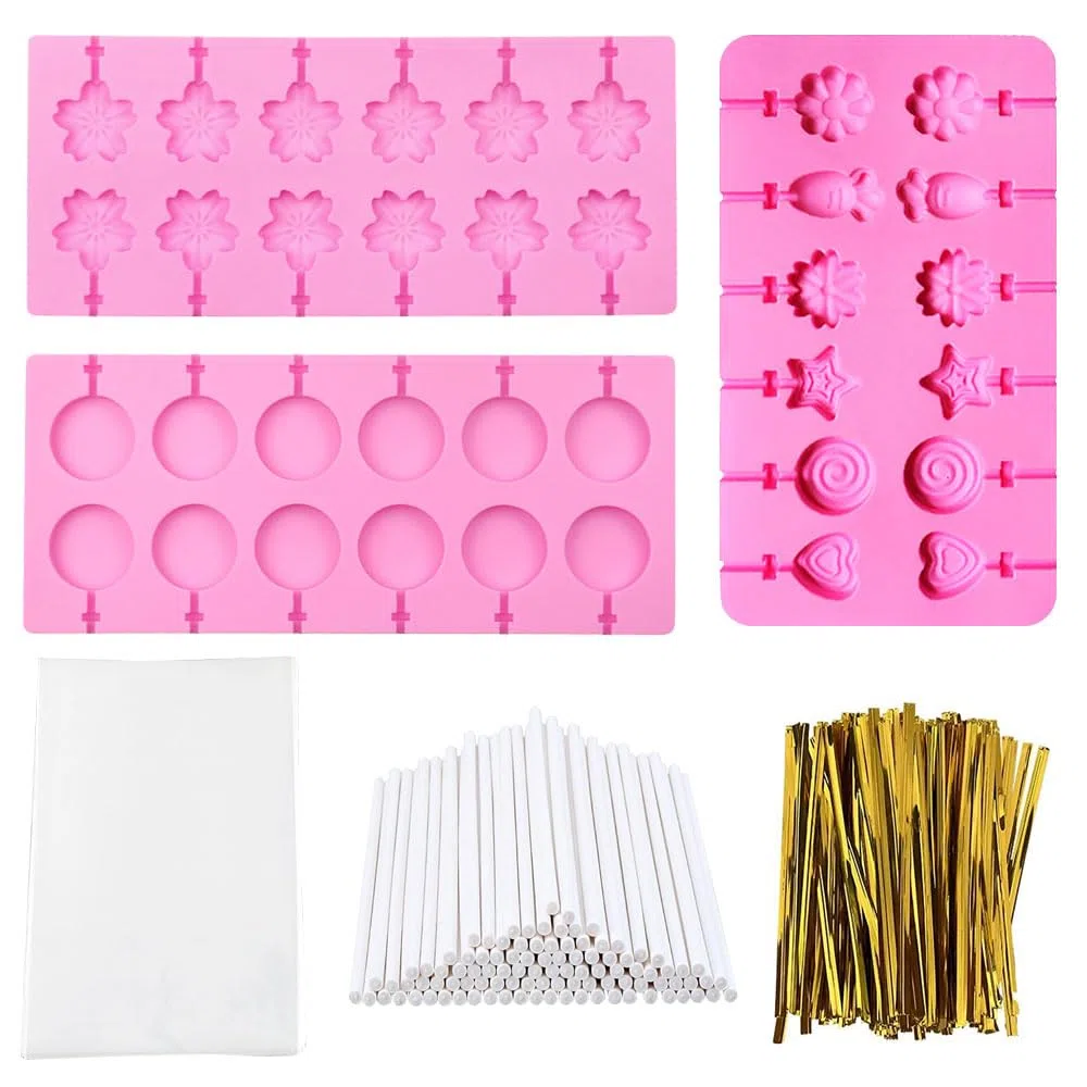 Set di 3 stampi per lecca lecca in silicone con 100 bastoncini di lecca-lecca-lecca-lecca in silicone, 100 nastri dorati, 100 sacchetti per caramelle, caramelle, gelatina