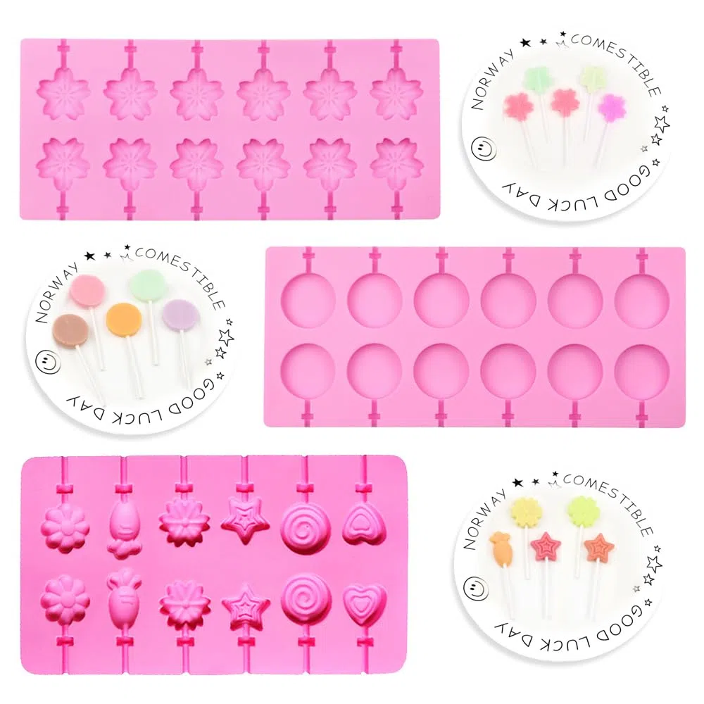 Set di 3 stampi per lecca lecca in silicone con 100 bastoncini di lecca-lecca-lecca-lecca in silicone, 100 nastri dorati, 100 sacchetti per caramelle, caramelle, gelatina