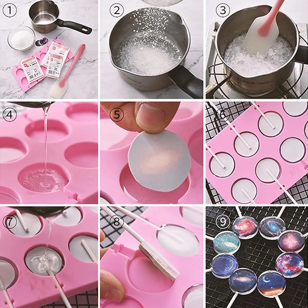 Set di 3 stampi per lecca lecca in silicone con 100 bastoncini di lecca-lecca-lecca-lecca in silicone, 100 nastri dorati, 100 sacchetti per caramelle, caramelle, gelatina