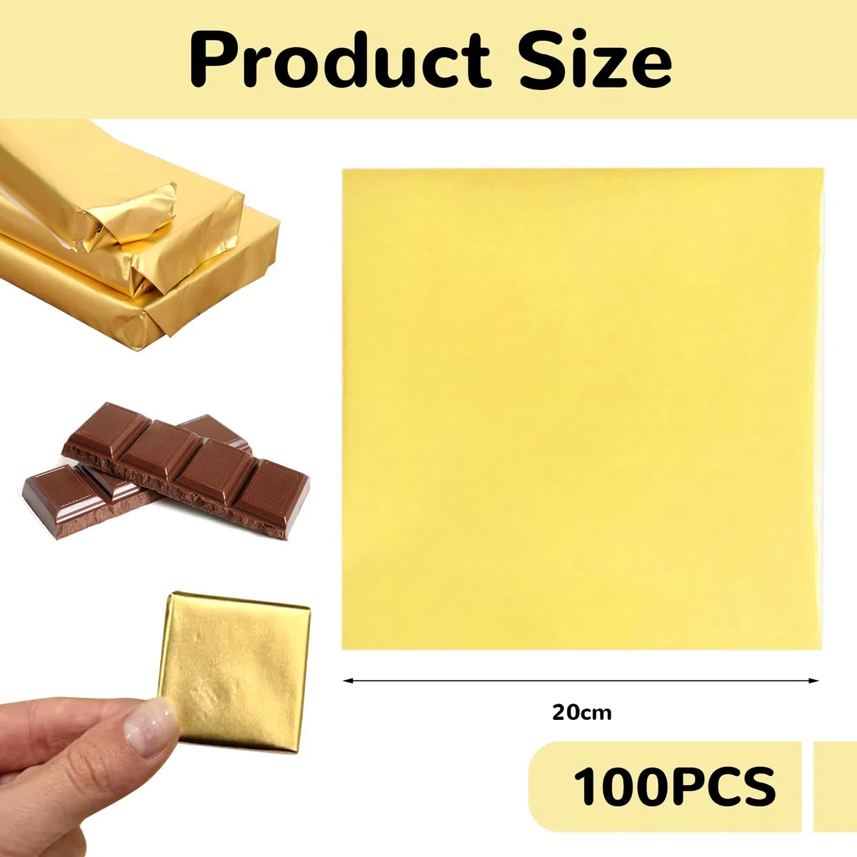 Foglio di alluminio dorato per imballaggi al cioccolato, 20 x 20 cm, 100 pezzi per alimenti, adatti per confezioni regalo e progetti fai da te per feste e feste