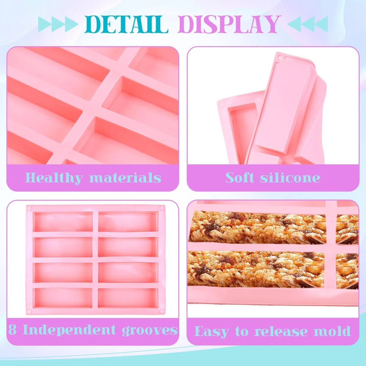 Rettangolari Antiaderente Energetich,Set di 3 Stampi Rettangolari in Silicone per Barrette di Cereali, 8 Cavità per Stampo, Antiaderente e Flessibile, Ideale per Dolci, Cioccolatini e Snack