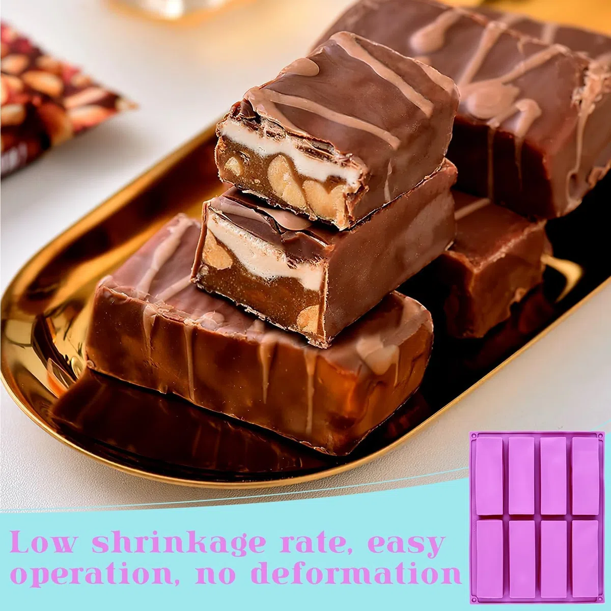 Rettangolari Antiaderente Energetich,Set di 3 Stampi Rettangolari in Silicone per Barrette di Cereali, 8 Cavità per Stampo, Antiaderente e Flessibile, Ideale per Dolci, Cioccolatini e Snack