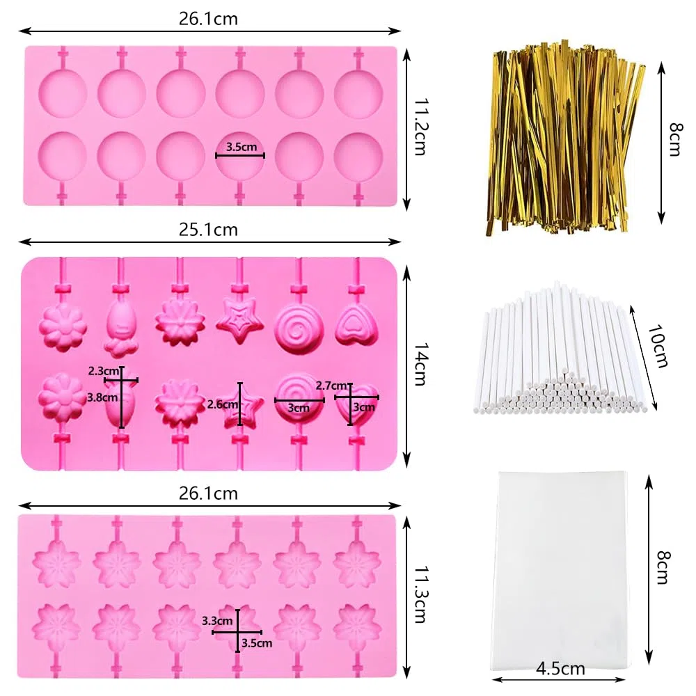 Set di 3 stampi per lecca lecca in silicone con 100 bastoncini di lecca-lecca-lecca-lecca in silicone, 100 nastri dorati, 100 sacchetti per caramelle, caramelle, gelatina