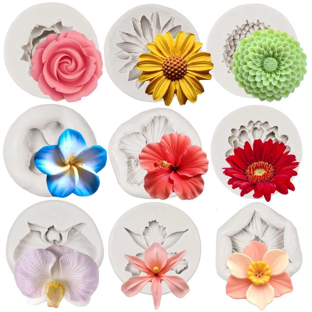 Stampo in silicone per glassa, orchidea, rosa, crisantemo, plumeria, fiori di ibisco, decorazione per torte, cupcake, topper per cioccolato, caramelle, argilla polimerica, set da 9